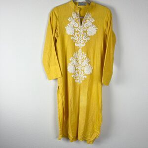 Amber Gohar Embroidered Dress Womens Small Yellow Midi Long Sleeve Floral